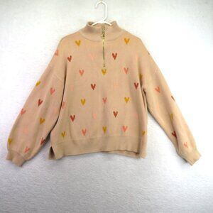 LOFT Sweater Womens XL Beige Half Zip Mock Neck Hearts Pullover Knit Cozy Ribbed